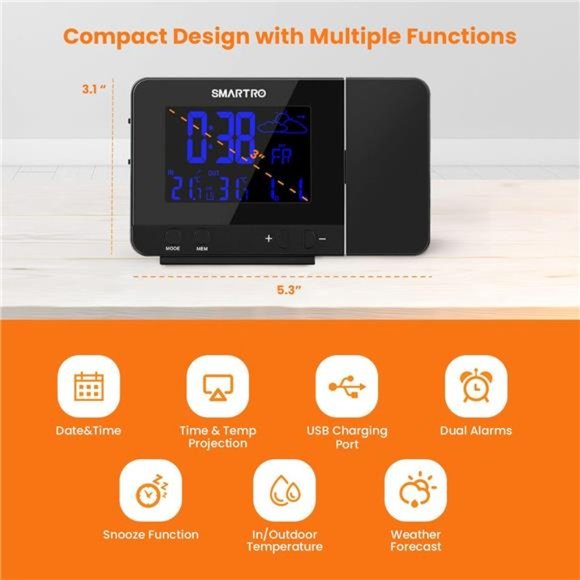 Digital Projection Alarm Clock with Weather Station, Indoor Outdoor Thermometer - Picture 4 of 5